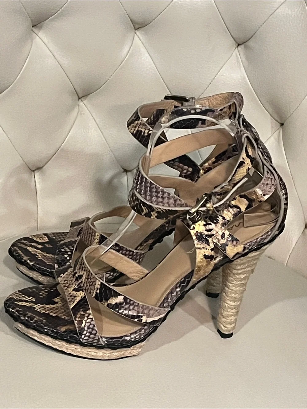 Via Spiga Snake-Print Brown Strappy High Heel Sandals Espadrille design Size 8